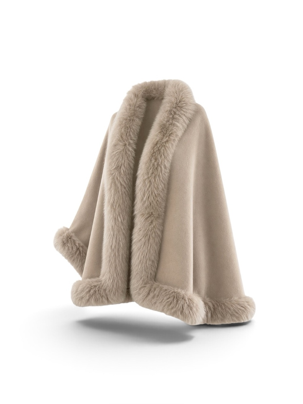 Women's Genuine Fox Fur Trim Wool Cape Coat - Sand